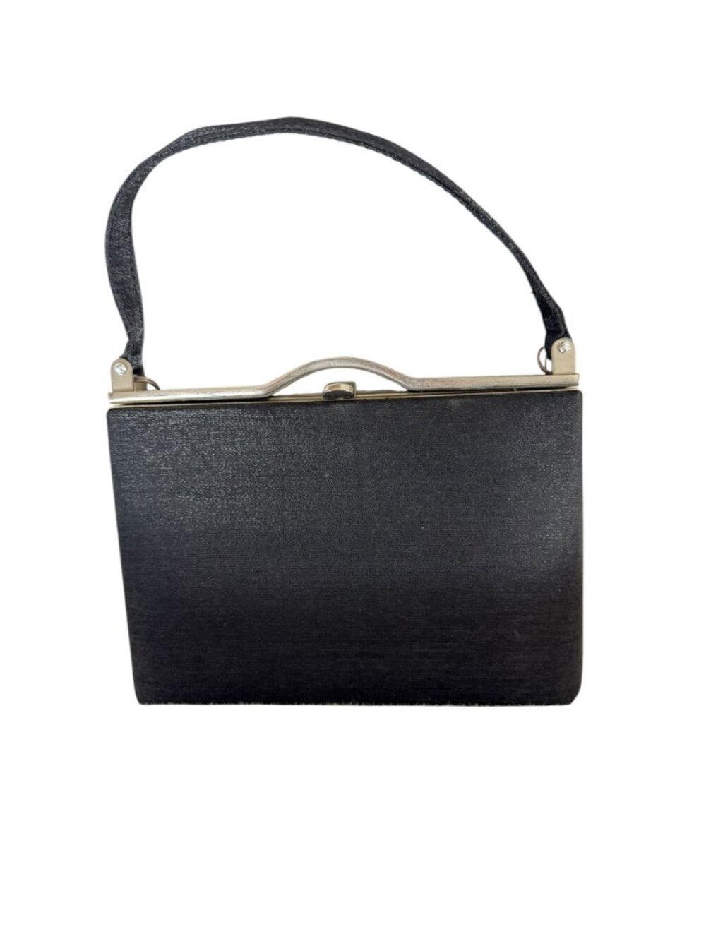 Vintage Black Satin Clutch Kiss Lock Evening Bag Silver Handle Petite